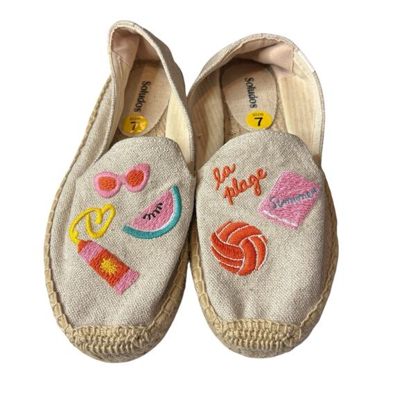 Soludos Women's Beige Embroidered Canvas La Plage Beachy Espadrille Shoes Size 7 - Picture 1 of 9